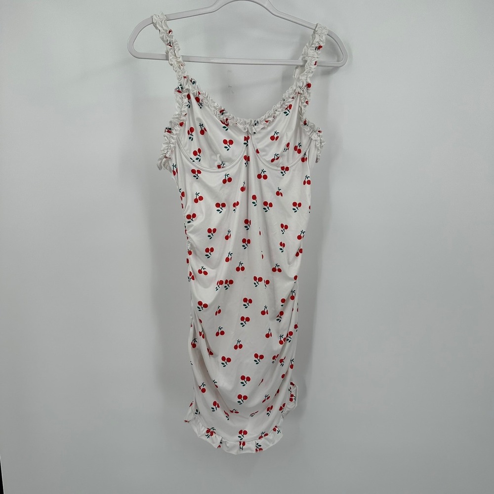 Womens Coquette Cherry Print Slip‎ Dress Size L Cottagecore Y2K Ruched Mini